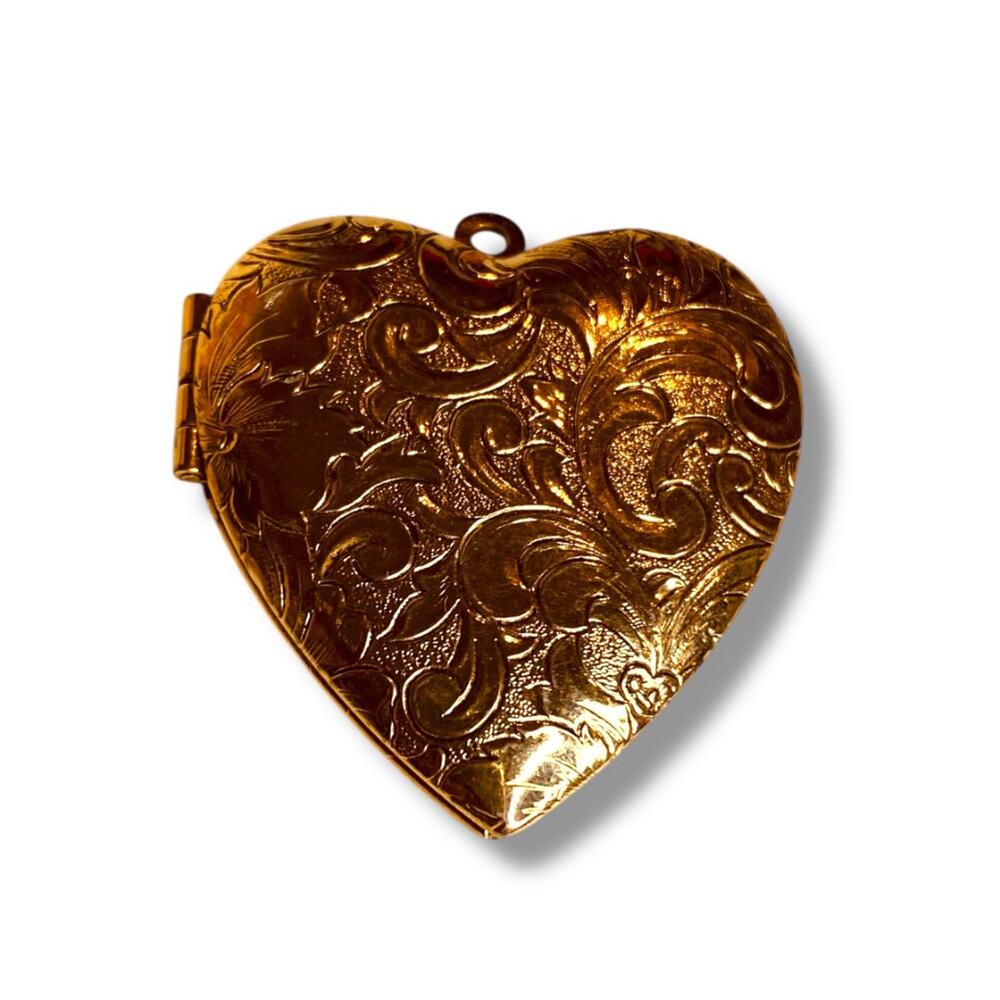 Embossed Heart Pendant Locket Goldtone Hinged for 2 Photos 1.2" (31mm)